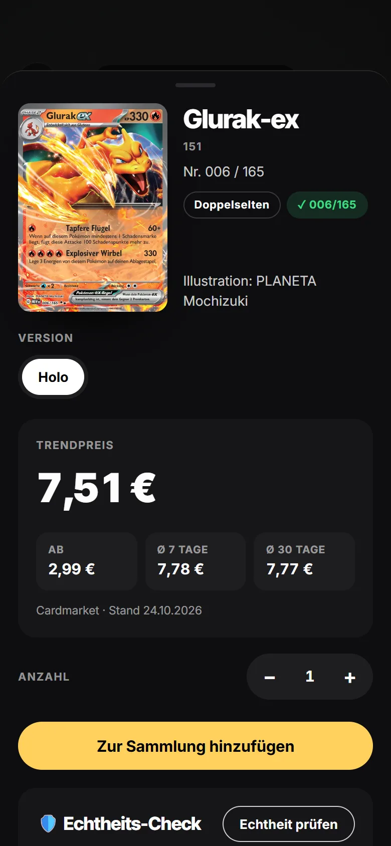 CardVault-Ergebnis: Glurak-ex aus 151, Nr. 006/165, Trendpreis 7,51 Euro