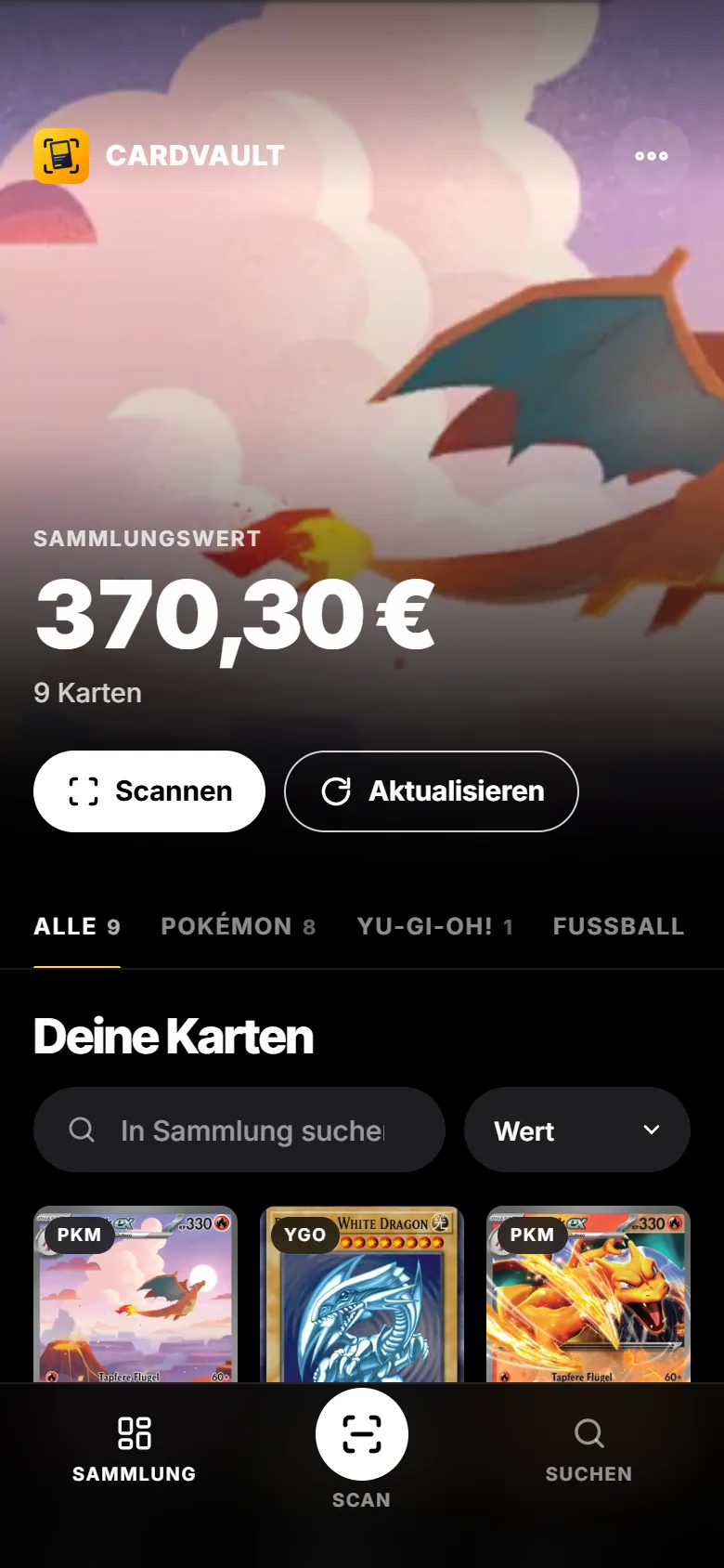 CardVault-Sammlung mit einem Sammlungswert von 370,30 Euro