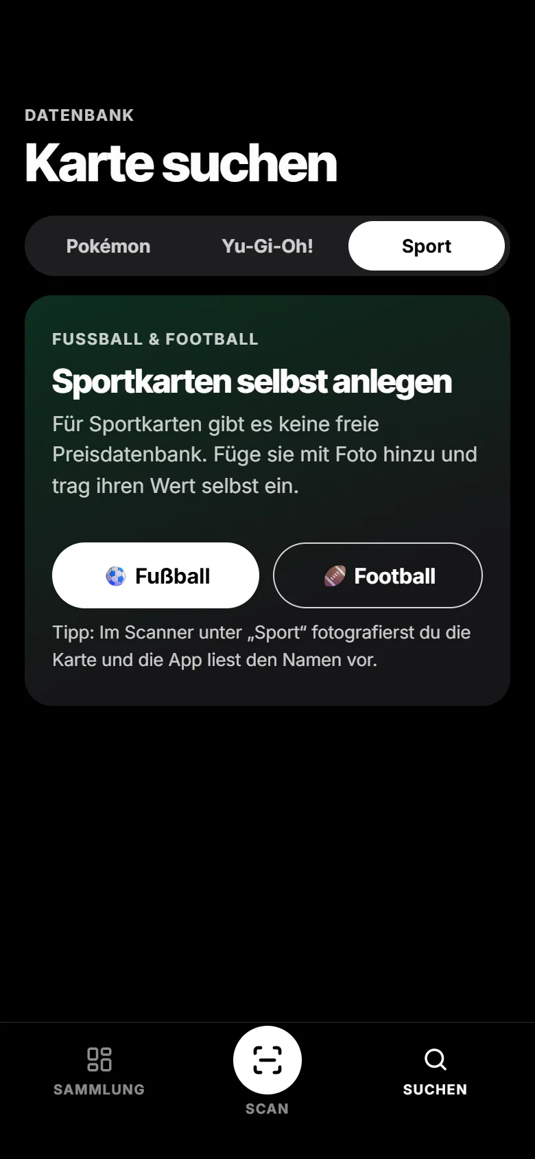 CardVault: Sportkarten selbst anlegen