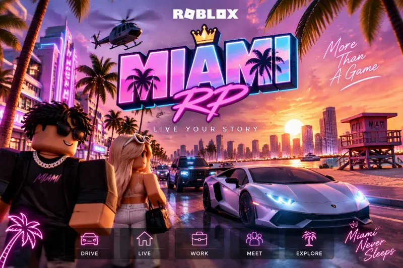 Miami RP: Roblox-Figuren vor der Skyline von Miami bei Sonnenuntergang, daneben ein weisser Sportwagen