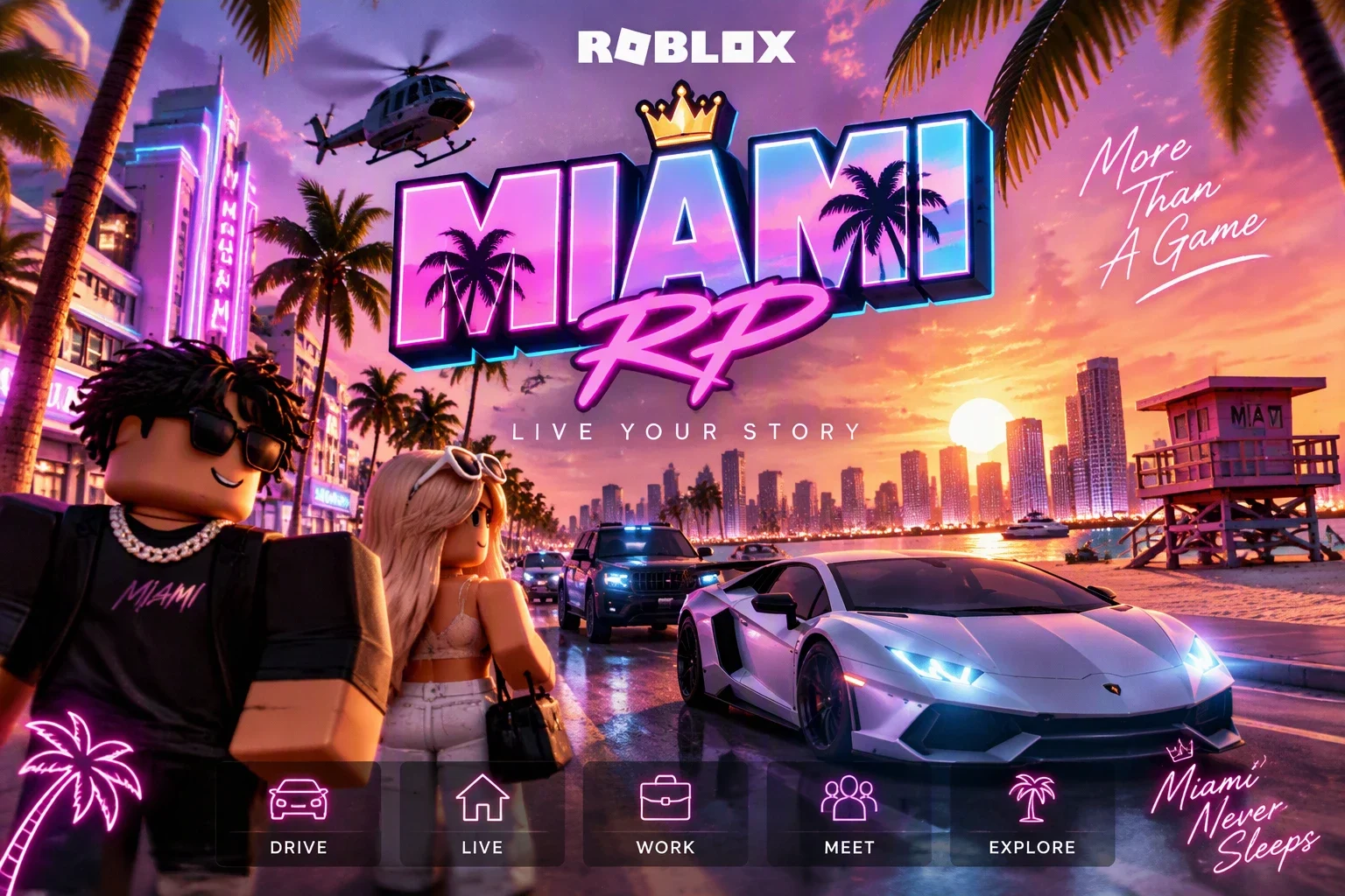 Miami RP: Roblox-Figuren vor der Skyline von Miami bei Sonnenuntergang, daneben ein weisser Sportwagen