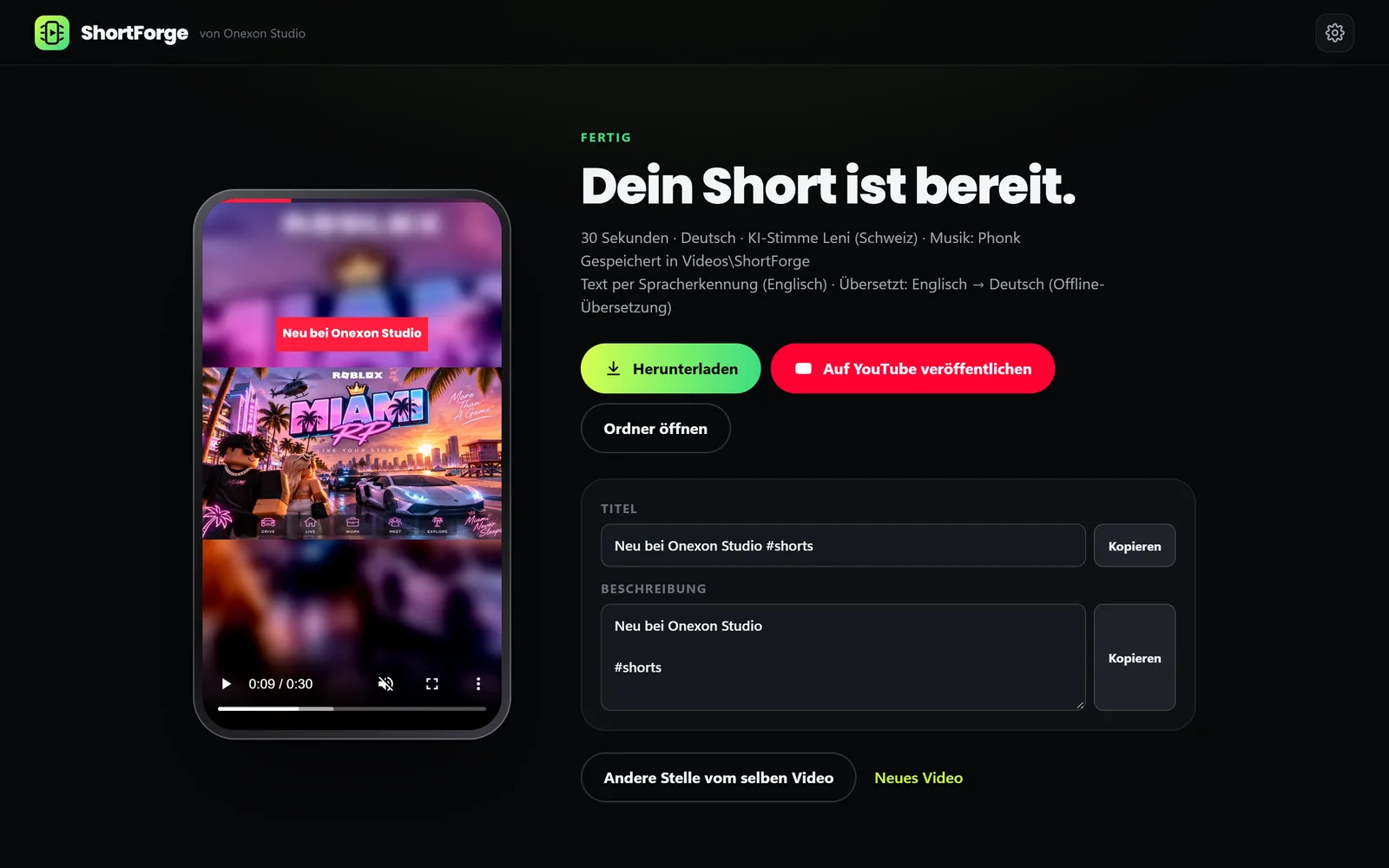 Fertiger Short in ShortForge mit «Herunterladen», «Auf YouTube veröffentlichen» sowie Titel und Beschreibung zum Kopieren