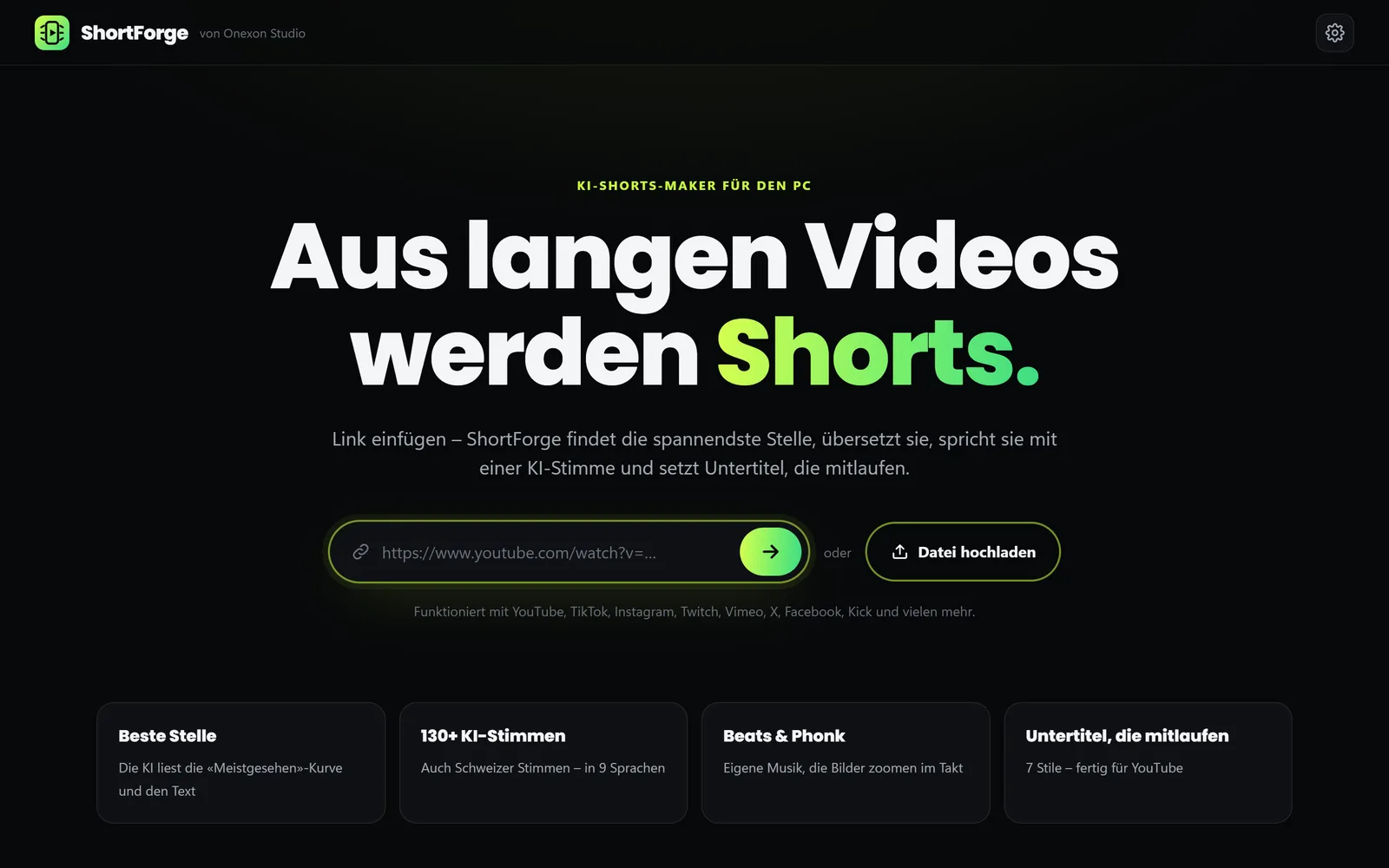 ShortForge-Start: Feld für den Video-Link und Knopf «Datei hochladen»
