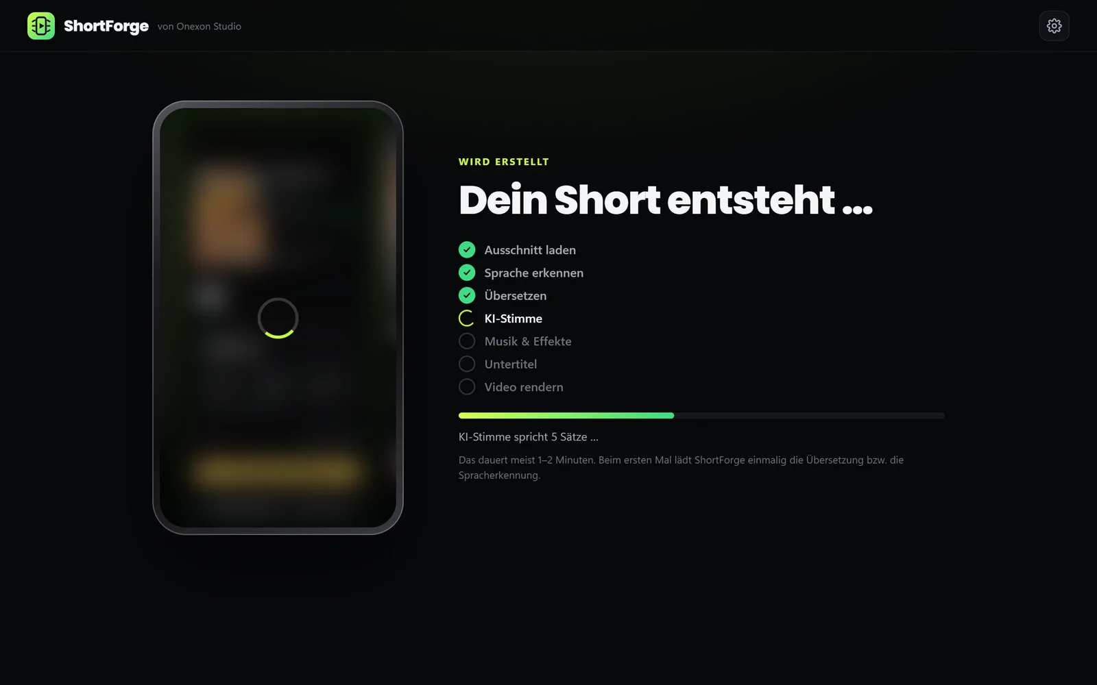 ShortForge beim Erstellen: Ausschnitt geladen, Sprache erkannt, übersetzt – die KI-Stimme spricht